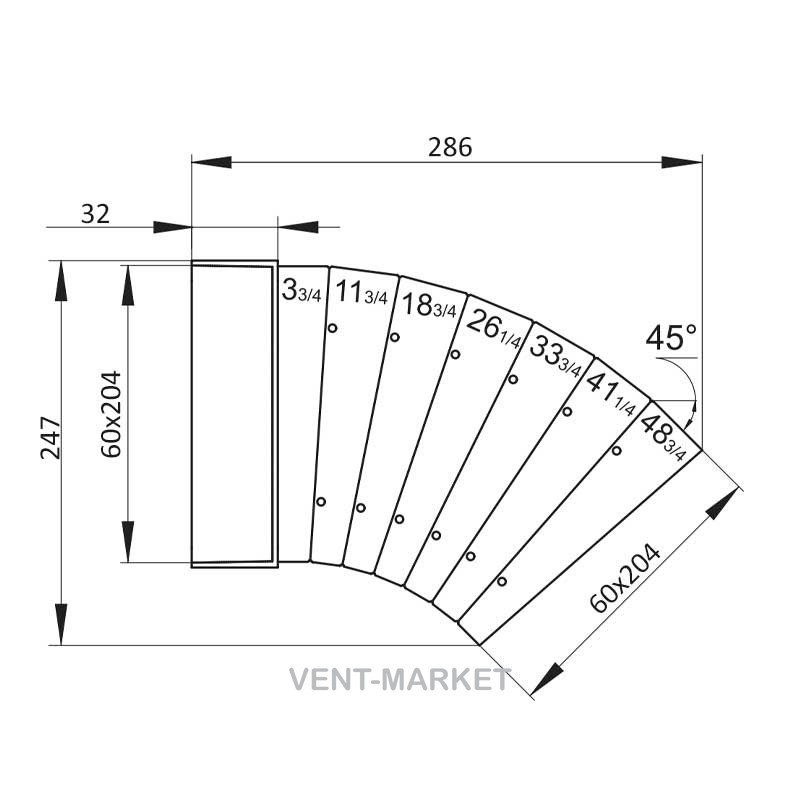 Колено горизонтальное разноугловое Вентс 82810 разноугловое для плоских каналов 60х204