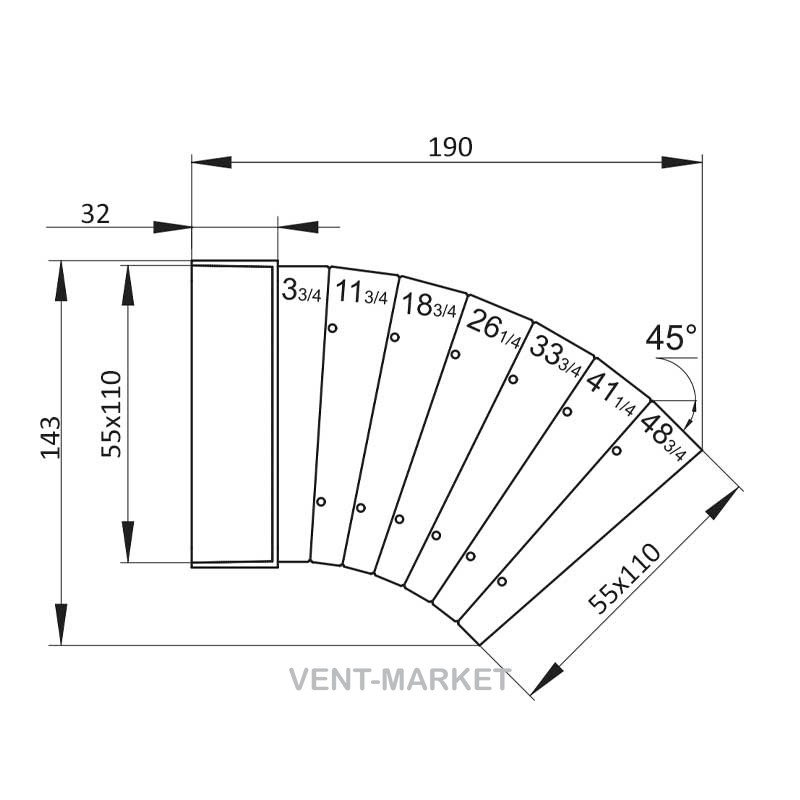 Коліно горизонтальне різнокутове Вентс 52510 для плоских каналів 55х110